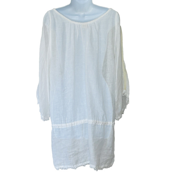 Sunday St Tropez White Linen Tunic M Beach Cover Up Slit Sleeves France Resort - Picture 2 of 8